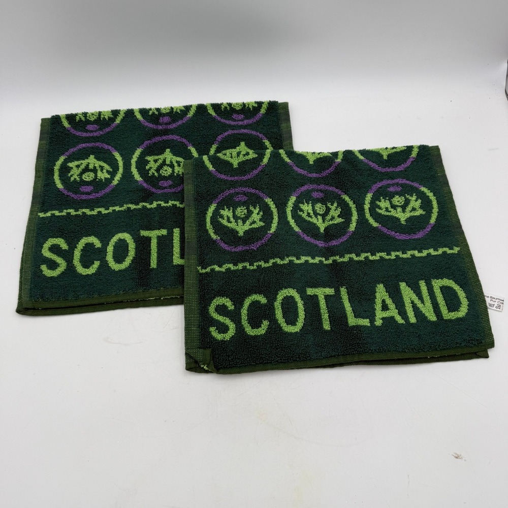 Set of 2 Scotland Souvenir Hand Towels Green Thistle Pattern Cotton 19x11